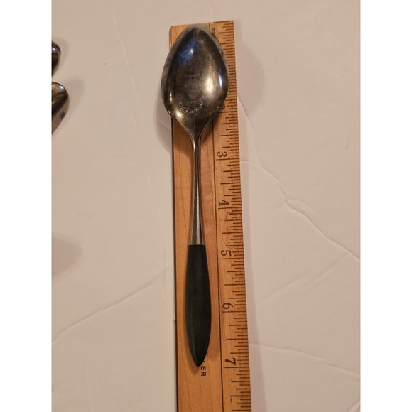 Vintage Epic Teaspoons Set Eight Forged Stainless Japan Wood Handle Canoe  MCM - Picture 7 of 7